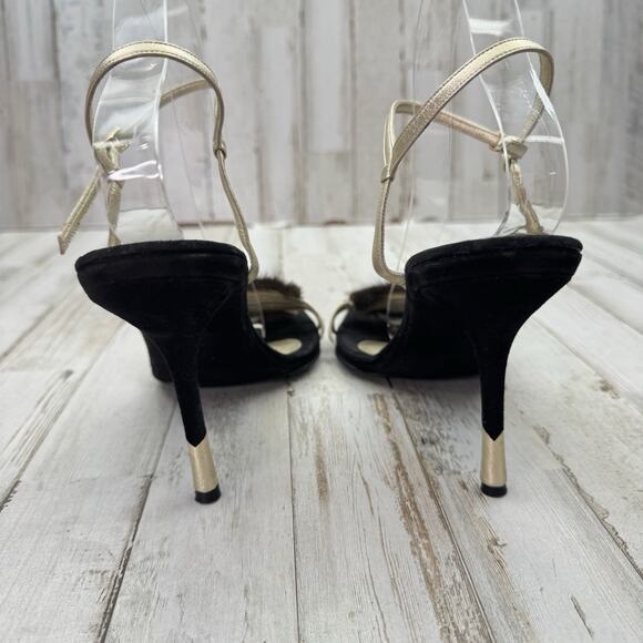 Santini Mavardi Black Suede Real Fur Trim Unique Gold Heels Designer Sz 40 US 9 - Picture 9 of 13